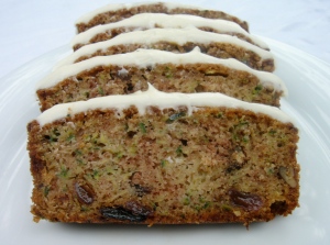 Zucchini Bread with Cream Cheese Frosting, cut into slices