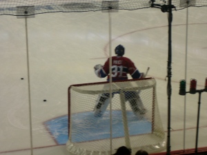 Goaltender Carey Price warms up before the game