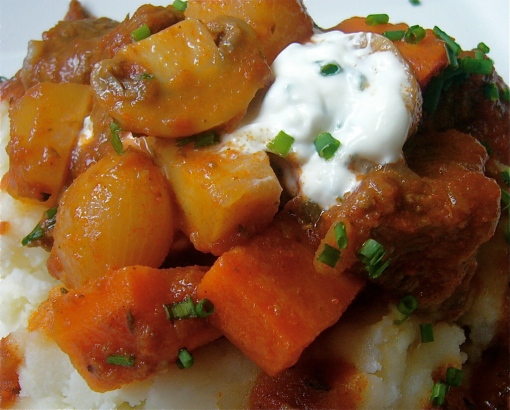 Guinness Stew with chive sour cream