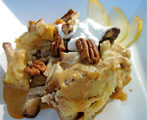 Pear and Pecan Bread Pudding with Caramel Sauce